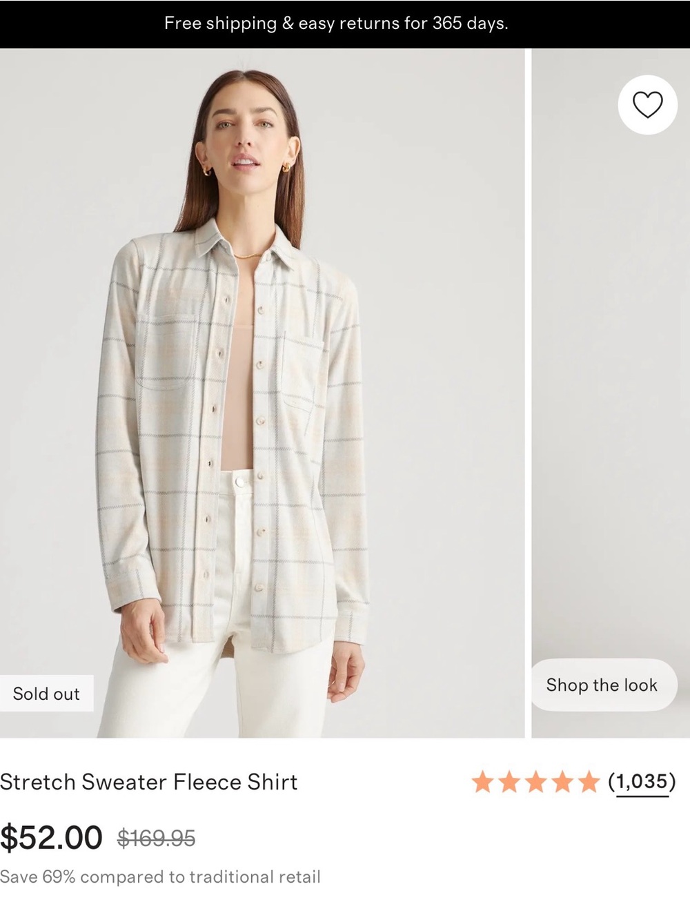 Quince Stretch Sweater Fleece Shirt in Cream Plaid